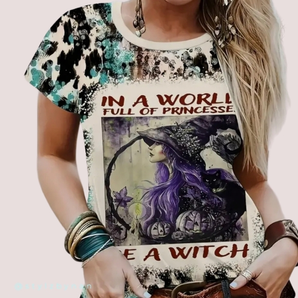 Women’s Leopard Witch Print T-Shirt, Crew Neck - Picture 3 of 4